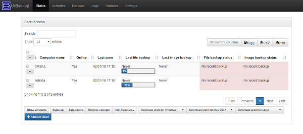 UrBackup Web Management Screen